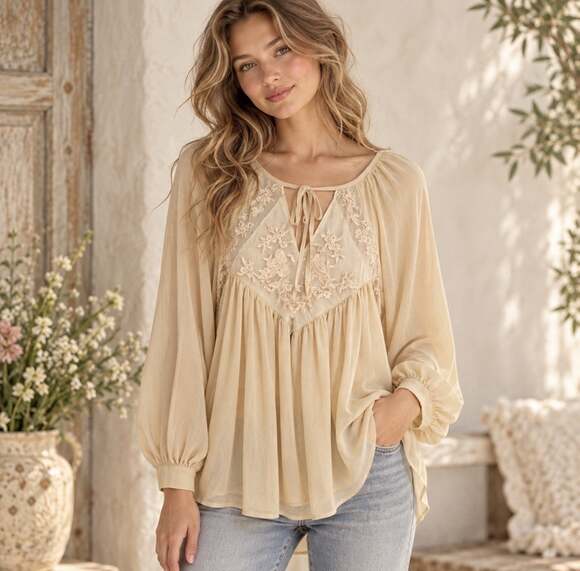 Sundance Tops - Sundance Shirt XS Womens Beige Embroidered Lace Sheer Cottagecore Top
